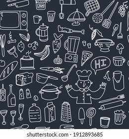 Doodle Cooking, Kitchen Vector Pattern, Dark Background