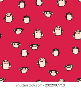doodle cooking pots seamless vector pattern on red