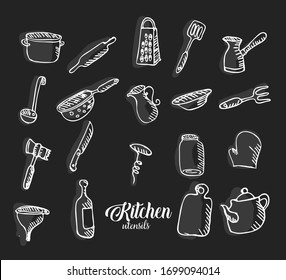 Doodle of cooking utensils chalk on a blackboard. Hand drawn vector illustration

