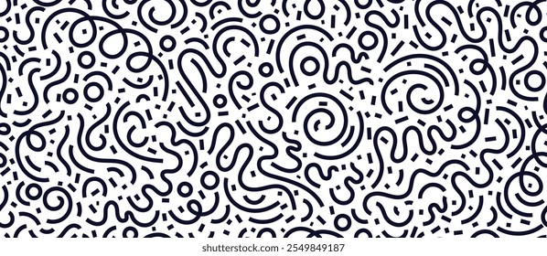 Doodle cool abstract pattern, art scribble, long chaotic ribbons. Hand drawn fashion background. Vector line chaotic textile. Monochrome memphis wallpaper. Simple childish backdrop
