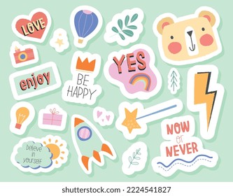 Doodle copy sticker set. Collection of graphic elements for website. Heart, bear head and balloon. Rocket, lightning and magic wand. Cartoon flat vector illustrations isolated on green background