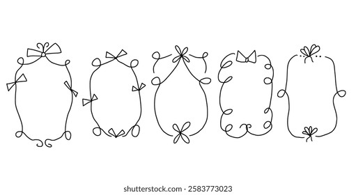 Doodle coquette frames with bows. Vintage scribble line wavy border with ribbons set. Vector cute curly rectangle and oval template for holiday menu. Minimalistic black cadre birthday hand drawn.