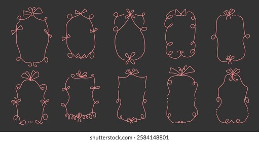 Doodle coquette frames with bows. Vintage line wavy border with ribbons set. Vector cute scribble curly rectangle and oval template foe holiday menu. Minimalistic cadre birthday hand drawn.