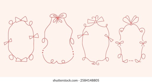 Doodle coquette frames with bows. Vintage line wavy border with ribbons set. Vector cute scribble curly rectangle and oval template foe holiday menu. Minimalistic cadre birthday hand drawn.