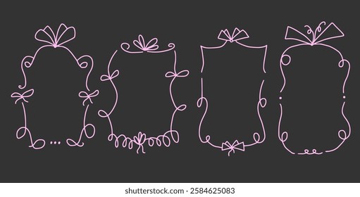 Doodle coquette frames with bows. Vintage line wavy border with ribbons set. Vector cute scribble curly rectangle and oval template foe holiday menu. Minimalistic cadre birthday hand drawn.