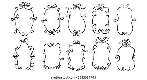 Doodle coquette frames with bows. Vintage scribble line wavy border with ribbons set. Vector cute curly rectangle and oval template for holiday menu. Minimalistic black cadre birthday hand drawn.