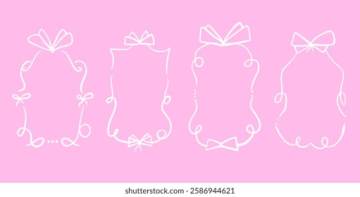 Doodle coquette frames with bows. Vintage line wavy border with ribbons set. Vector cute scribble curly rectangle and oval template foe holiday menu. Minimalistic white cadre birthday hand drawn.