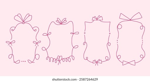 Doodle coquette frames with bows. Vintage line wavy border with ribbons set. Vector cute scribble curly rectangle and oval template foe holiday menu. Minimalistic cadre birthday hand drawn.