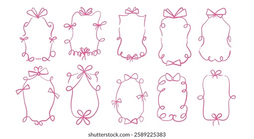 Doodle coquette frames with bows. Vintage line wavy border with ribbons set. Vector cute scribble curly rectangle and oval template foe holiday menu. Minimalistic cadre birthday hand drawn.