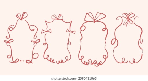 Doodle coquette frames with bows. Vintage line wavy border with ribbons set. Vector cute scribble curly rectangle and oval template foe holiday menu. Minimalistic cadre birthday hand drawn.