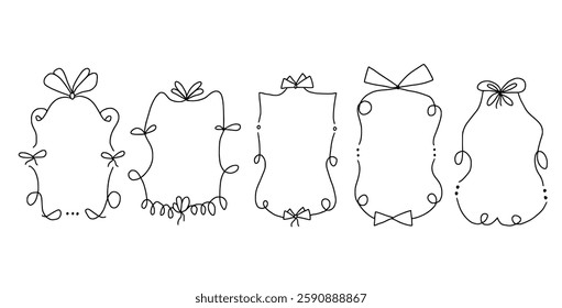 Doodle coquette frames with bows. Vintage scribble line wavy border with ribbons set. Vector cute curly rectangle and oval template for holiday menu. Minimalistic black cadre birthday hand drawn.