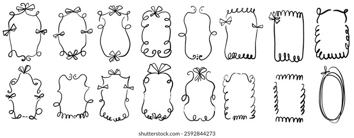 Doodle coquette frames with bows. Vintage scribble line wavy border with ribbons set. Vector cute curly rectangle and oval template for holiday menu. Minimalistic black cadre birthday hand drawn.