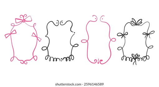 Doodle coquette frames with bows. Vintage line wavy border with ribbons set. Vector cute scribble curly rectangle and oval template foe holiday menu. Minimalistic photo cadre birthday hand drawn.