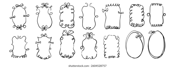 Doodle coquette frames with bows. Vintage scribble line wavy border with ribbons set. Vector cute curly rectangle and oval template for holiday menu. Minimalistic black cadre birthday hand drawn.
