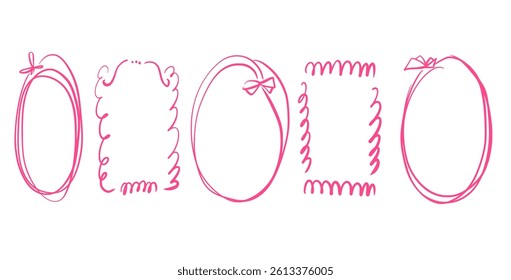Doodle coquette frames with bows. Vintage line wavy border with ribbons set. Vector cute scribble curly rectangle and oval template foe holiday menu. Minimalistic cadre birthday hand drawn.