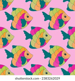 Doodle coral reef fish endless pattern illustration. Aquatic creatures swimming. Summer fashion clothes print. Coral reef fish undersea life illustration. Multicolored squama, tail