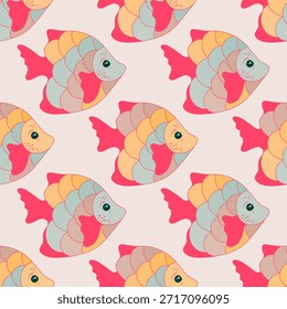 Doodle coral reef fish endless pattern vector. Sea water creatures diving. Kids fashion fabric print. Coral reef fish wildlife graphic design. Colorful squama, tail