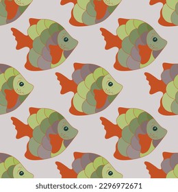 Doodle coral reef fish seamless textile print illustration. Marine creatures swimming. Baby fashion clothes print. Coral reef fish undersea life graphic design. Multi-coloured scales, tail