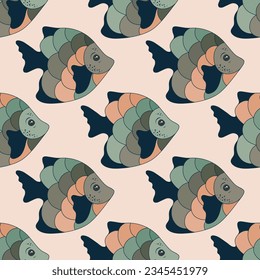 Doodle coral reef fish seamless ornament illustration. Marine creatures diving. Kids fashion textile print. Coral reef fish sealife illustration. Polychrome scales, tail