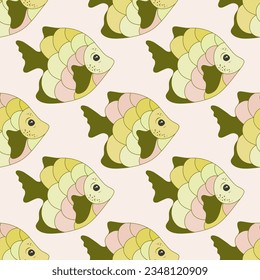 Doodle coral reef fish seamless fabric print illustration. Marine creatures pattern. Baby fashion textile print. Coral reef fish undersea life illustration. Different color squama, fins