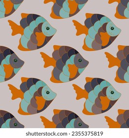 Doodle coral reef fish seamless pattern illustration. Aquatic fauna swimming. Children fashion clothes print. Coral reef fish undersea life graphic design. Multicolor scales, tail