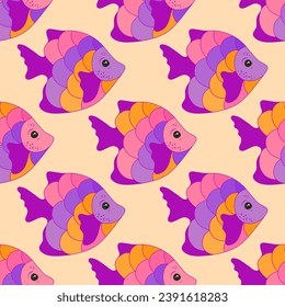 Doodle coral reef fish seamless pattern illustration. Marine fauna swimming. Baby fashion clothes print. Coral reef fish marine life graphic design. Different color scales, tail