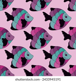 Doodle coral reef fish seamless pattern vector. Underwater fauna swimming. Kids fashion tissue print. Coral reef fish marine life graphic design. Polychrome scales, fins