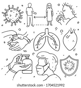 Doodle of Coronavirus Protection. Contains such doodle as Protective Measures, Coronavirus, social distancing, wearing masker.