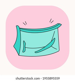 Doodle cosmetic bag illustration. Cute cartoon make up bag icon with pink background. Fancy small green Cosmetic bag for korean cosmetics icon. Vector.