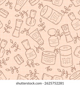 Doodle cosmetic jars with labels and leaves seamless pattern on grid distorted background. Perfect print for label, sale, card, textile. Hand drawn vector illustration.
