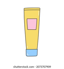 Doodle cosmetic product. Line art colorful tube. Skincare product. Isolated vector illustration 
