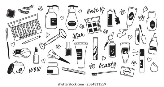 Doodle cosmetic products. Hand drawn beauty accessories and makeup cosmetics, skincare treatment bottles and tools. Lipstick, mascara, cream and nail polish isolated vector set.