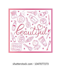 Doodle cosmetic products with lettering in pink style. Vector hand drawn decorative makeup. Illustration for beauty shop, salon master, site logo