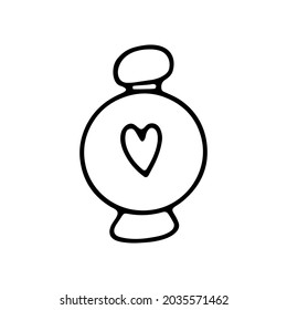 Doodle cosmetics bottle. Hand-drawn packaging with perfume, cream, lotion, makeup. Outline vial with heart. Cosmetology, spa symbol. Vector beauty illustration for Valentines Day, advertising, poster