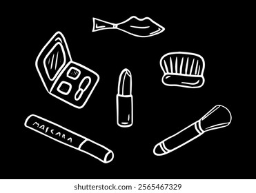 Doodle Cosmetics and make up icons. Hand drawn vector fashion sketch items for shop. Lipstick, mascara, brush, compact powder, shadows, blusher, lip balm, nail polish.