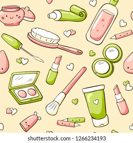 Doodle cosmetics seamless pattern. Hand drawn makeup backdrop. Vector illustrations in cute doodle style. Included elements: hands cream, makeup mirror, lipstick, comb, eye shadow, mascara brush.