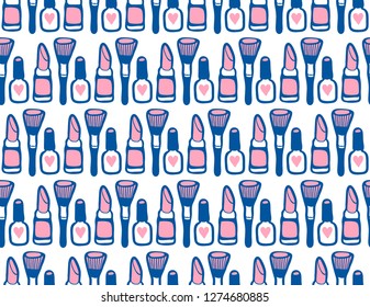 Doodle cosmetics seamless pattern. Vector spring background for valentine's day, wedding, greeting card, prints.