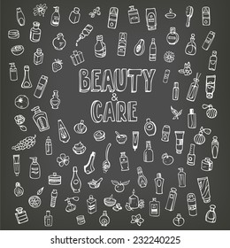 doodle cosmetics and self-care icons in blackboard