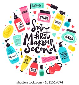Doodle cosmetics tools. Make up, skin care beauty products, toner, lotion, lipstick and serum, makeup concept vector background illustration. Skin first makeup second. Bottles and accessories