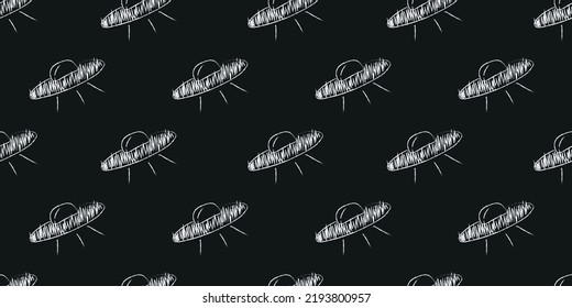 Doodle cosmic seamless pattern in childish style. Hand drawn abstract ufo. Black and white. Vector line print, design, banner, poster.