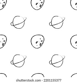 Doodle cosmic seamless pattern in childish style. Hand drawn abstract space planets. Black and white. Vector line print, design, banner, poster.