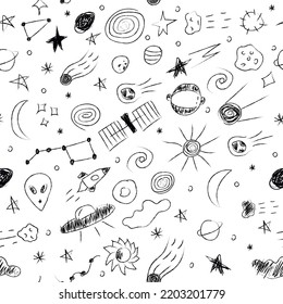 Doodle cosmic seamless pattern in childish style. Hand drawn abstract space elements. Black and white. Vector line print, design, banner, poster.