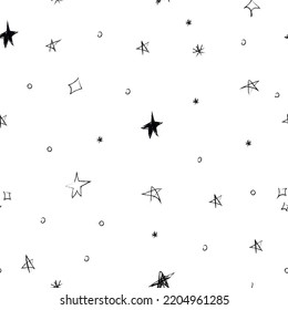 Doodle kosmische nahtlose Muster im kindlichen Stil. Handgezeichnete abstrakte Weltraumsterne. Schwarz-Weiß. Vektorgrafik, Design, Banner, Poster.