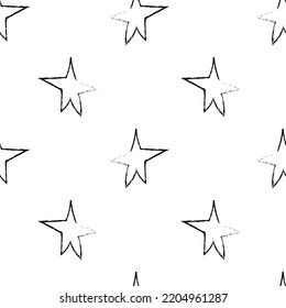 Doodle kosmische nahtlose Muster im kindlichen Stil. Handgezeichnete abstrakte Weltraumsterne. Schwarz-Weiß. Vektorgrafik, Design, Banner, Poster.