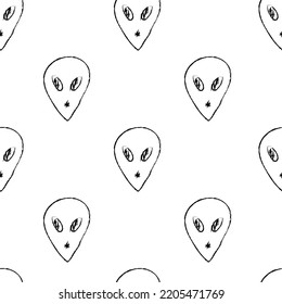 Doodle cosmic seamless pattern in childish style. Hand drawn abstract space aliens. Black and white. Vector line print, design, banner, poster.