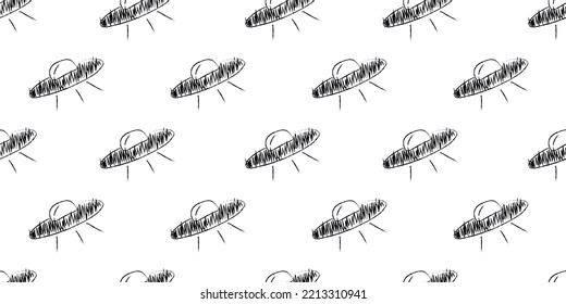 Doodle cosmic seamless pattern in childish style. Hand drawn abstract ufo. Black and white. Vector line print, design, banner, poster.