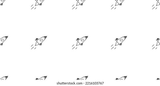 Doodle cosmic seamless pattern in childish style. Hand drawn abstract space rocket. Black and white. Vector line print, design, banner, poster.