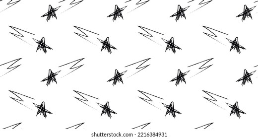 Doodle kosmische nahtlose Muster im kindlichen Stil. Handgezeichnete abstrakte Sterne. Schwarz-Weiß. Vektorgrafik, Design, Banner, Poster.