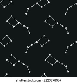 Doodle cosmic seamless pattern in childish style. Hand drawn abstract big dipper. Black and white. Vector line print, design, banner, poster.