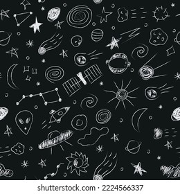 Doodle cosmic seamless pattern in childish style. Hand drawn abstract space elements. Black and white. Vector line print, design, banner, poster.